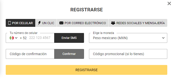 Opciones de registro en Melbet MX 